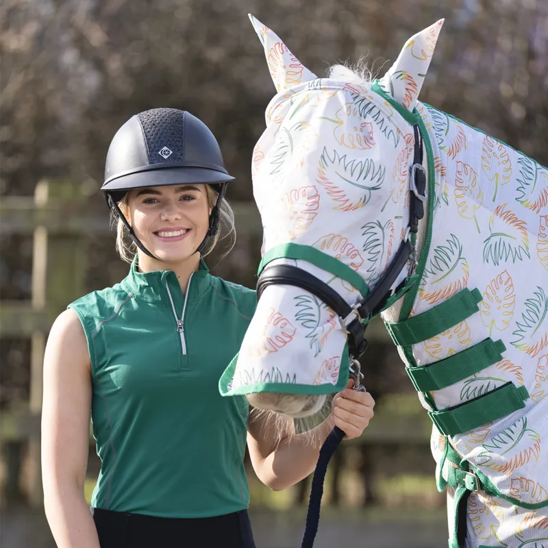 Hy Equestrian Tropical Paradise Fly Mask with Ears and Detachable Nose - Vine Green/White